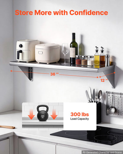 VEVOR Stainless Steel Shelf 12" x 36" Commercial Wall Mount Floating Shelf, Heavy-Duty Storage Rack with Brackets, 300LBS Strong Capacity, Easy to Clean, Suitable for Restaurant, Home Kitchen, Garage - BXGTJDXZCJK11A1VC001V0 - view 3