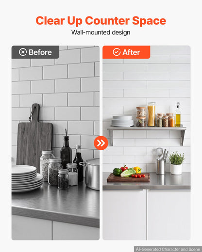 VEVOR Stainless Steel Shelf 12" x 36" Commercial Wall Mount Floating Shelf, Heavy-Duty Storage Rack with Brackets, 300LBS Strong Capacity, Easy to Clean, Suitable for Restaurant, Home Kitchen, Garage - BXGTJDXZCJK11A1VC001V0 - view 4