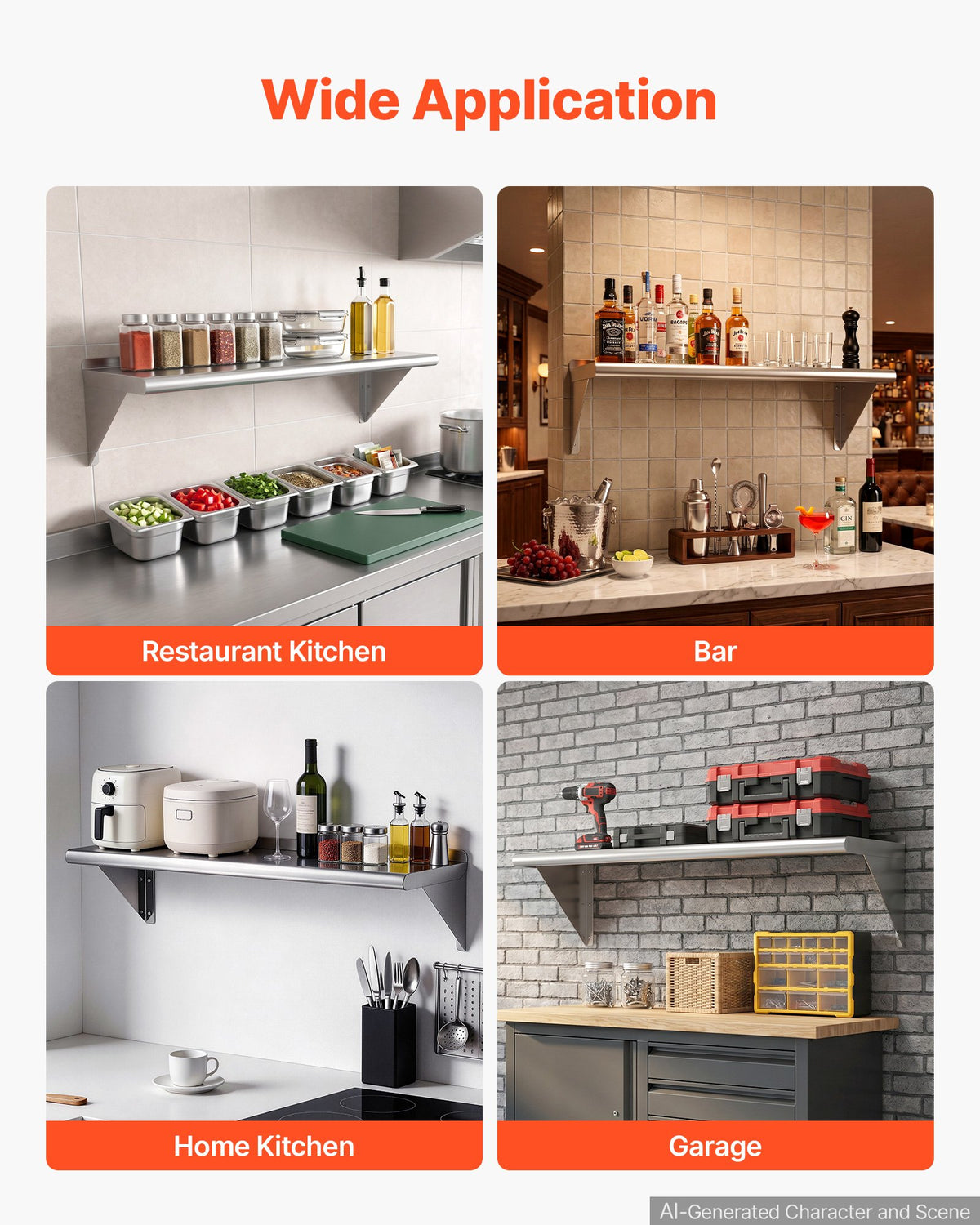 VEVOR Stainless Steel Shelf 12" x 36" Commercial Wall Mount Floating Shelf, Heavy-Duty Storage Rack with Brackets, 300LBS Strong Capacity, Easy to Clean, Suitable for Restaurant, Home Kitchen, Garage - BXGTJDXZCJK11A1VC001V0 - view 7