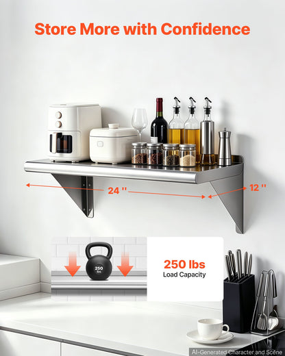 VEVOR Stainless Steel Shelf 12" x 24" Commercial Wall Mount Floating Shelf, Heavy-Duty Storage Rack with Brackets, 250LBS Strong Capacity, Easy to Clean, Suitable for Restaurant, Home Kitchen, Garage - BXGTJDXZCJK1FWSML001V0 - view 3