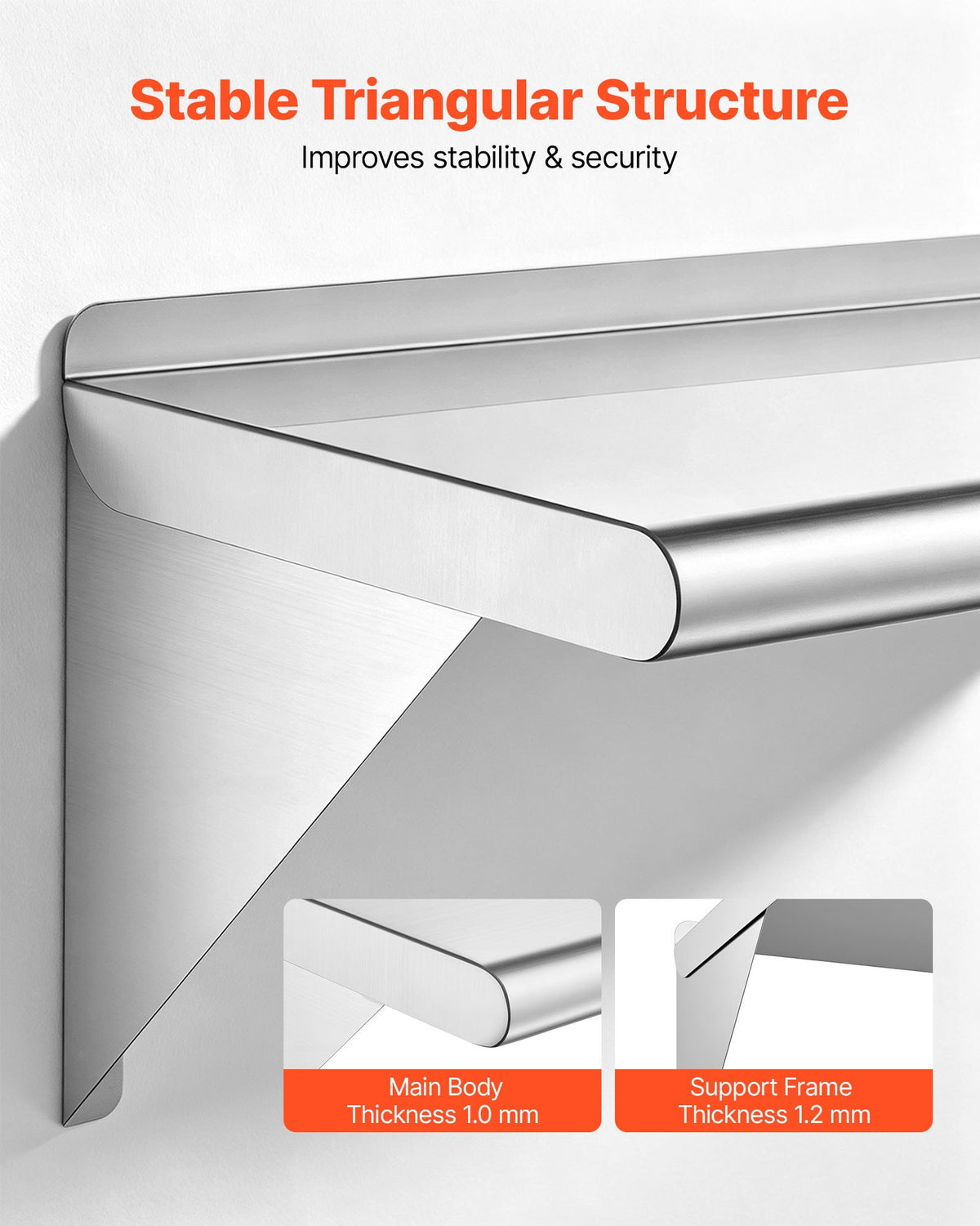 VEVOR Stainless Steel Shelf 12" x 24" Commercial Wall Mount Floating Shelf, Heavy-Duty Storage Rack with Brackets, 250LBS Strong Capacity, Easy to Clean, Suitable for Restaurant, Home Kitchen, Garage - BXGTJDXZCJK1FWSML001V0 - view 6
