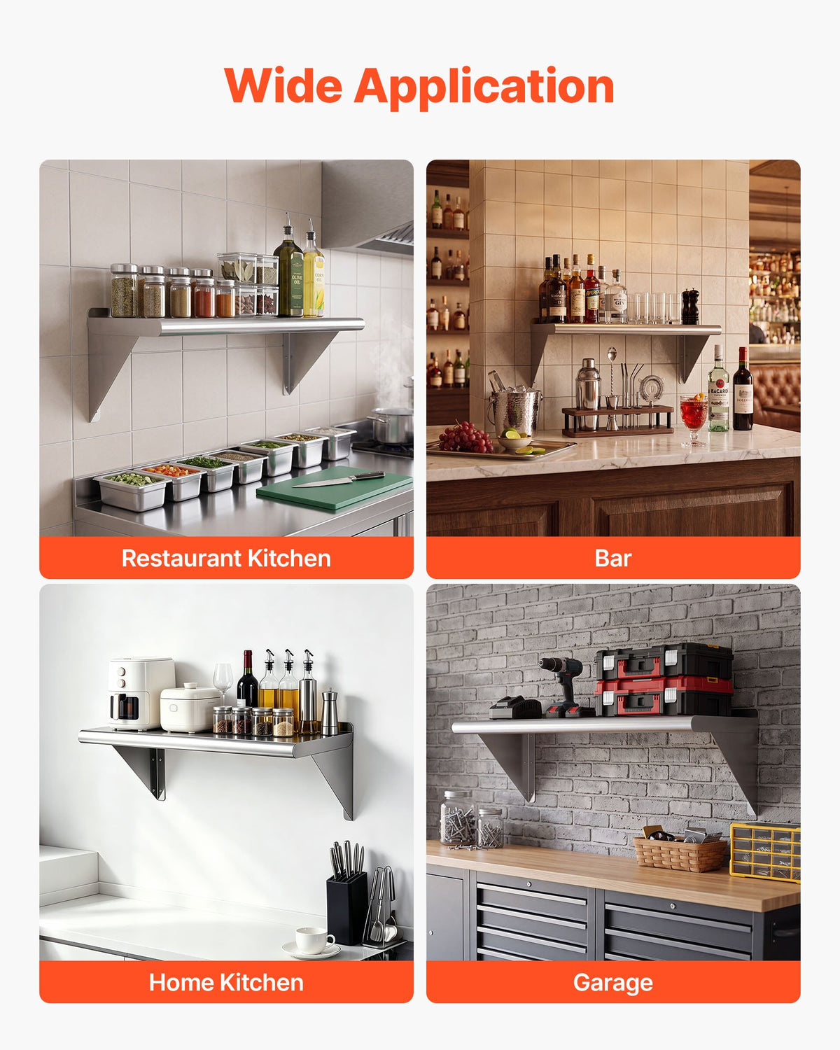 VEVOR Stainless Steel Shelf 12" x 24" Commercial Wall Mount Floating Shelf, Heavy-Duty Storage Rack with Brackets, 250LBS Strong Capacity, Easy to Clean, Suitable for Restaurant, Home Kitchen, Garage - BXGTJDXZCJK1FWSML001V0 - view 7