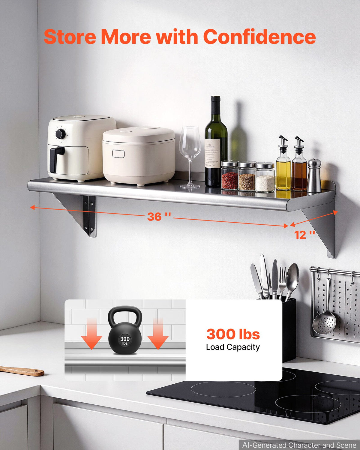VEVOR Stainless Steel Shelf 12" x 36" 2-Pack Wall Mount Floating Shelf, Heavy-Duty Commercial Shelves with Brackets, 300LBS Capacity, Easy to Clean, Suitable for Restaurant, Home Kitchen, Garage - BXGTJDXZCJK2E1DKK001V0 - view 3