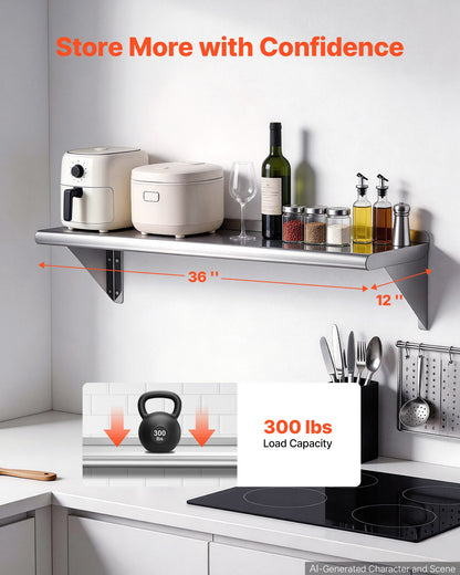 VEVOR Stainless Steel Shelf 12" x 36" 2-Pack Wall Mount Floating Shelf, Heavy-Duty Commercial Shelves with Brackets, 300LBS Capacity, Easy to Clean, Suitable for Restaurant, Home Kitchen, Garage - BXGTJDXZCJK2E1DKK001V0 - view 3