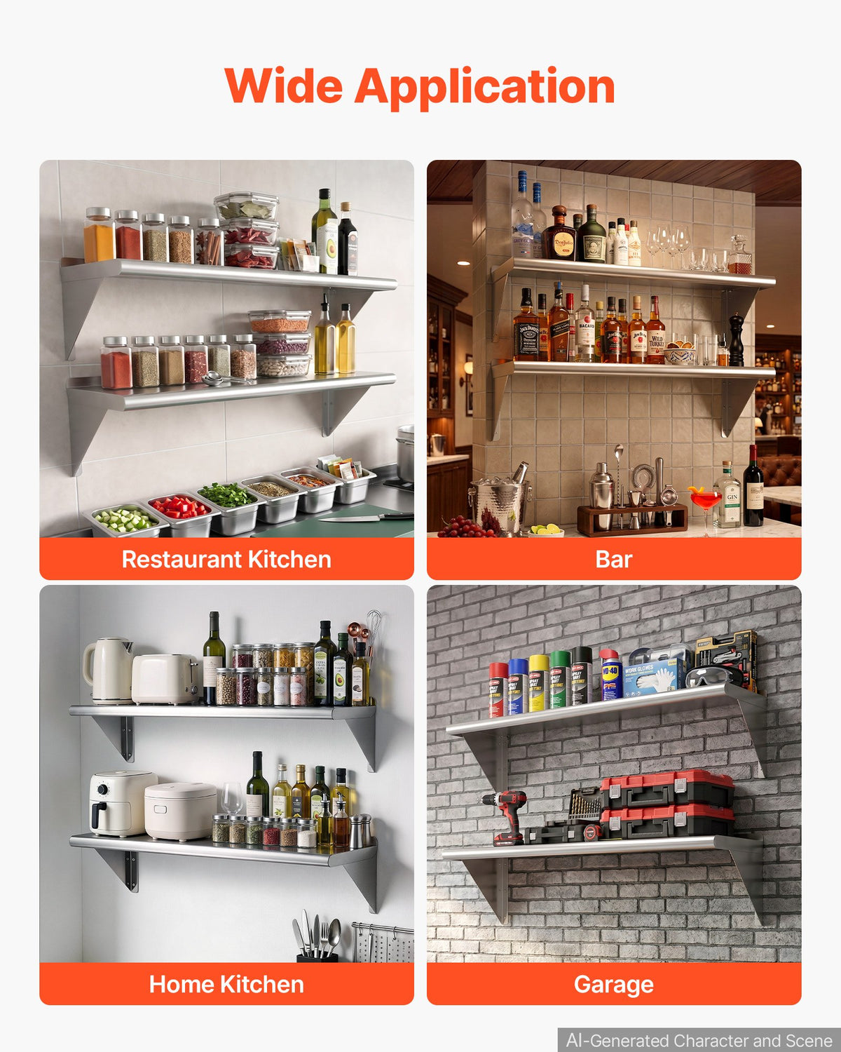 VEVOR Stainless Steel Shelf 12" x 36" 2-Pack Wall Mount Floating Shelf, Heavy-Duty Commercial Shelves with Brackets, 300LBS Capacity, Easy to Clean, Suitable for Restaurant, Home Kitchen, Garage - BXGTJDXZCJK2E1DKK001V0 - view 7