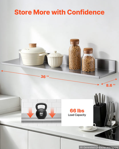 VEVOR Stainless Steel Shelf 8.6" x 36" 2-Pack Wall Mount Floating Shelf, Heavy Duty L-Shaped Commercial Shelves, 66LBS Strong Capacity, Easy to Clean, Suitable for Restaurant, Home Kitchen, Garage - BXGTJLXK2JZ8GS7BC001V0 - view 3