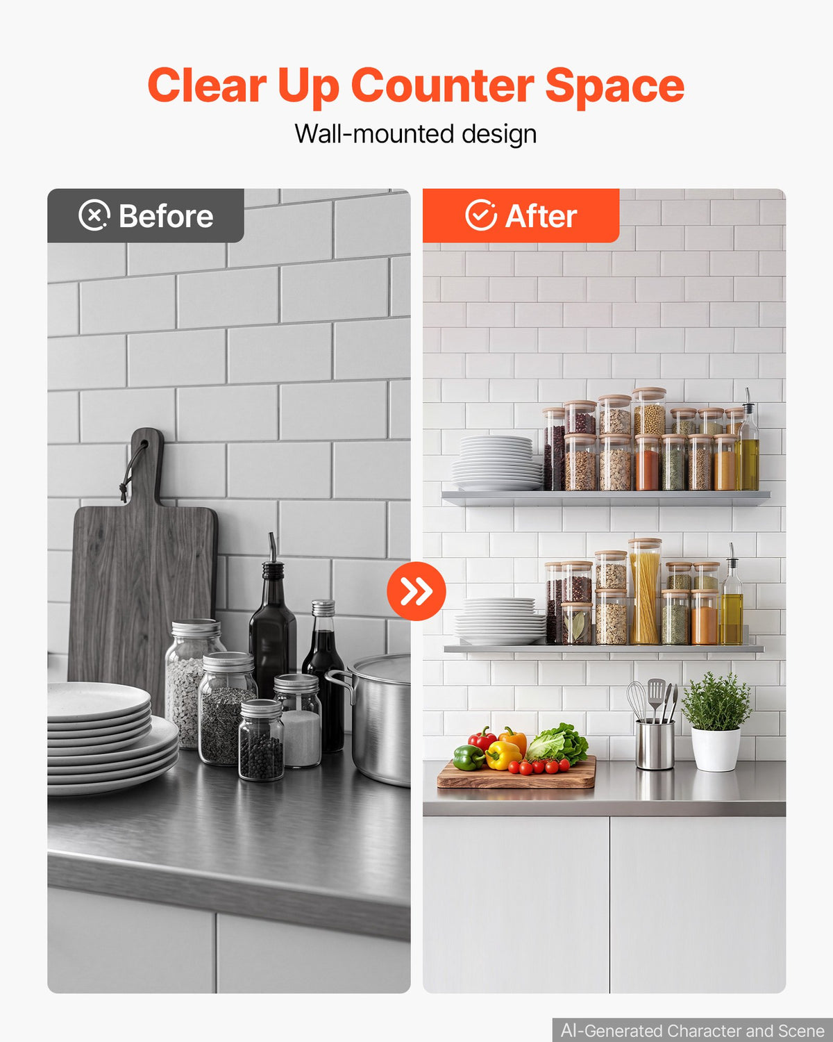 VEVOR Stainless Steel Shelf 8.6" x 36" 2-Pack Wall Mount Floating Shelf, Heavy Duty L-Shaped Commercial Shelves, 66LBS Strong Capacity, Easy to Clean, Suitable for Restaurant, Home Kitchen, Garage - BXGTJLXK2JZ8GS7BC001V0 - view 4