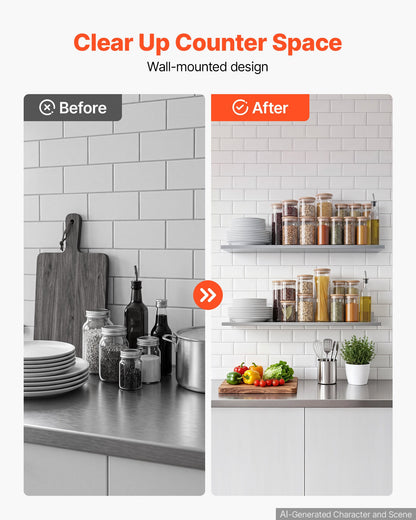 VEVOR Stainless Steel Shelf 8.6" x 36" 2-Pack Wall Mount Floating Shelf, Heavy Duty L-Shaped Commercial Shelves, 66LBS Strong Capacity, Easy to Clean, Suitable for Restaurant, Home Kitchen, Garage - BXGTJLXK2JZ8GS7BC001V0 - view 4