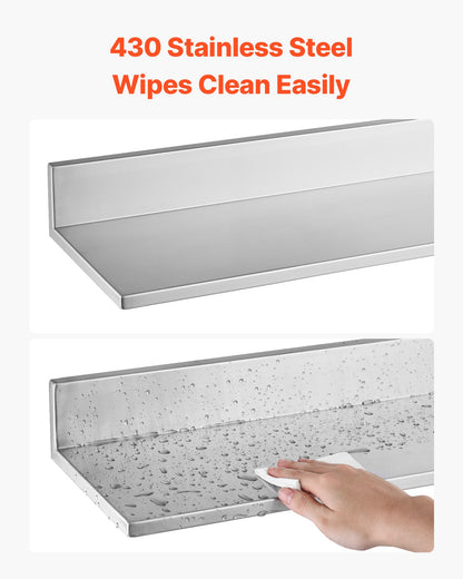 VEVOR Stainless Steel Shelf 8.6" x 36" 2-Pack Wall Mount Floating Shelf, Heavy Duty L-Shaped Commercial Shelves, 66LBS Strong Capacity, Easy to Clean, Suitable for Restaurant, Home Kitchen, Garage - BXGTJLXK2JZ8GS7BC001V0 - view 5
