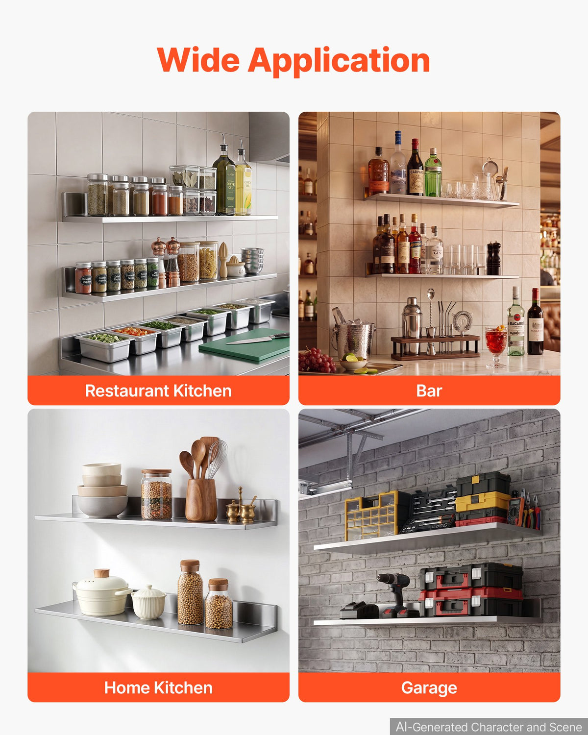 VEVOR Stainless Steel Shelf 8.6" x 36" 2-Pack Wall Mount Floating Shelf, Heavy Duty L-Shaped Commercial Shelves, 66LBS Strong Capacity, Easy to Clean, Suitable for Restaurant, Home Kitchen, Garage - BXGTJLXK2JZ8GS7BC001V0 - view 7