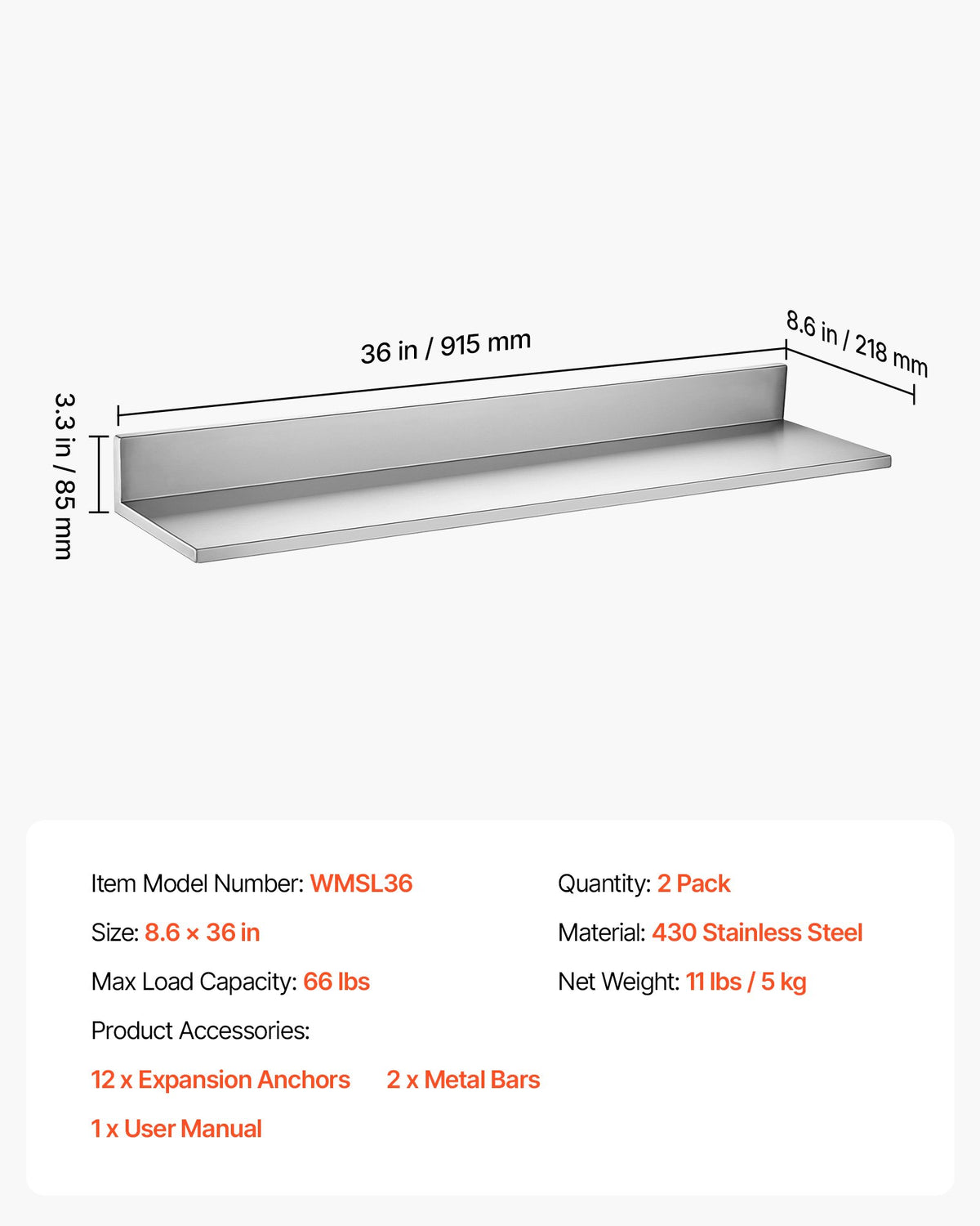 VEVOR Stainless Steel Shelf 8.6" x 36" 2-Pack Wall Mount Floating Shelf, Heavy Duty L-Shaped Commercial Shelves, 66LBS Strong Capacity, Easy to Clean, Suitable for Restaurant, Home Kitchen, Garage - BXGTJLXK2JZ8GS7BC001V0 - view 8