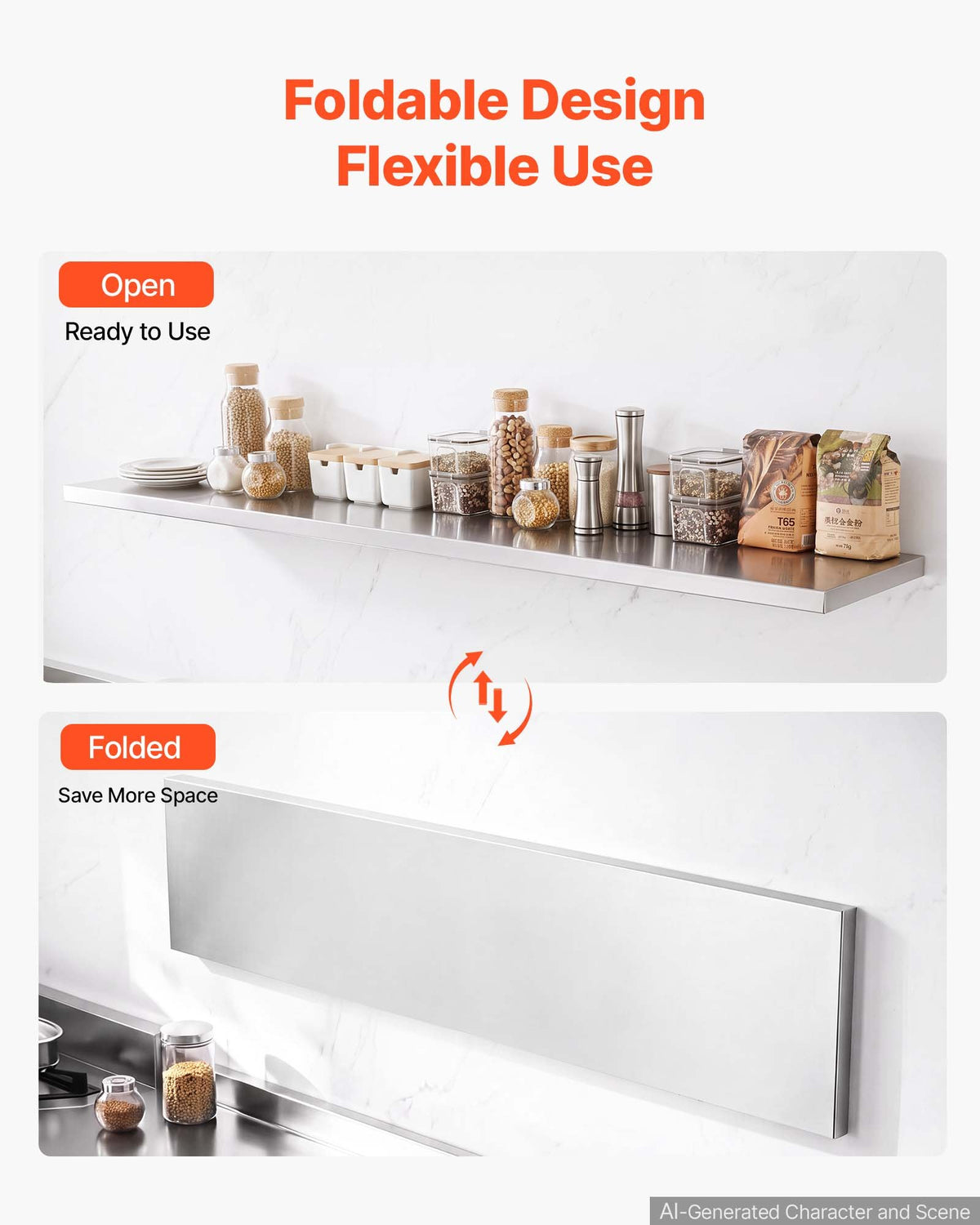 VEVOR Stainless Steel Shelf 12" x 72" Foldable Wall Mount Floating Shelf, Heavy-Duty Commercial Shelves with Brackets, 300LBS Capacity, Easy to Clean, Suitable for Restaurant, Home Kitchen, Garage - BXGTJZDK1JZ170PFO001V0 - view 4