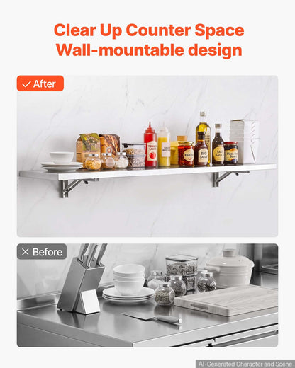 VEVOR Stainless Steel Shelf 12" x 72" Foldable Wall Mount Floating Shelf, Heavy-Duty Commercial Shelves with Brackets, 300LBS Capacity, Easy to Clean, Suitable for Restaurant, Home Kitchen, Garage - BXGTJZDK1JZ170PFO001V0 - view 5