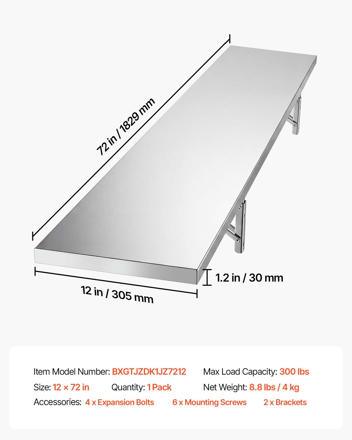 VEVOR Stainless Steel Shelf 12" x 72" Foldable Wall Mount Floating Shelf, Heavy-Duty Commercial Shelves with Brackets, 300LBS Capacity, Easy to Clean, Suitable for Restaurant, Home Kitchen, Garage - BXGTJZDK1JZ170PFO001V0 - view 8