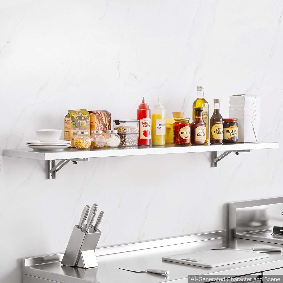 VEVOR Stainless Steel Shelf 12" x 72" Foldable Wall Mount Floating Shelf, Heavy-Duty Commercial Shelves with Brackets, 300LBS Capacity, Easy to Clean, Suitable for Restaurant, Home Kitchen, Garage - BXGTJZDK1JZ170PFO001V0 - view 9