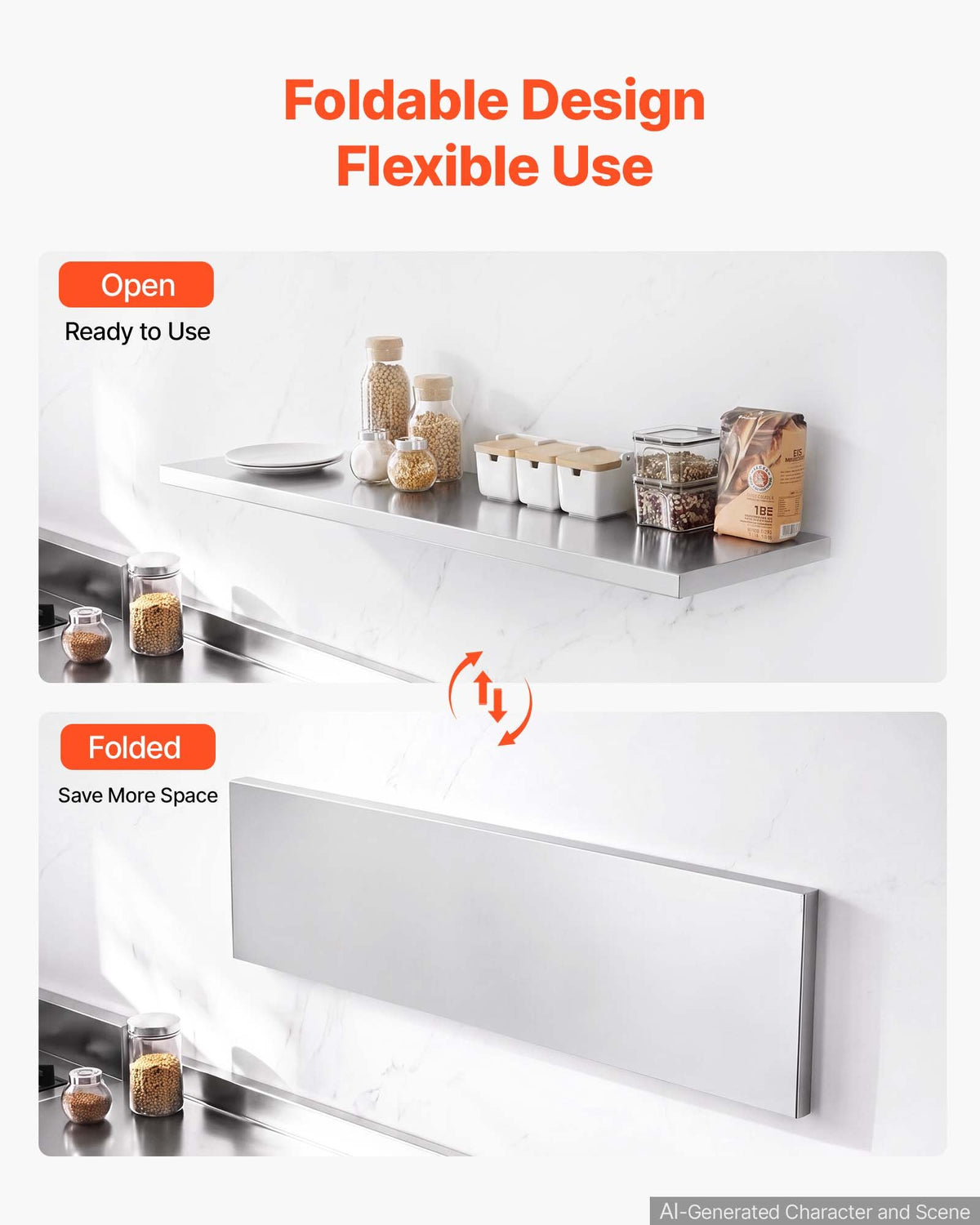 VEVOR Stainless Steel Shelf 12" x 48" Foldable Wall Mount Floating Shelf, Heavy-Duty Commercial Shelves with Brackets, 300LBS Capacity, Easy to Clean, Suitable for Restaurant, Home Kitchen, Garage - BXGTJZDK1JZ1XIGDE001V0 - view 4
