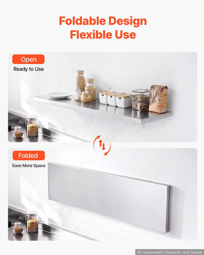 VEVOR Stainless Steel Shelf 12" x 48" Foldable Wall Mount Floating Shelf, Heavy-Duty Commercial Shelves with Brackets, 300LBS Capacity, Easy to Clean, Suitable for Restaurant, Home Kitchen, Garage - BXGTJZDK1JZ1XIGDE001V0 - view 4
