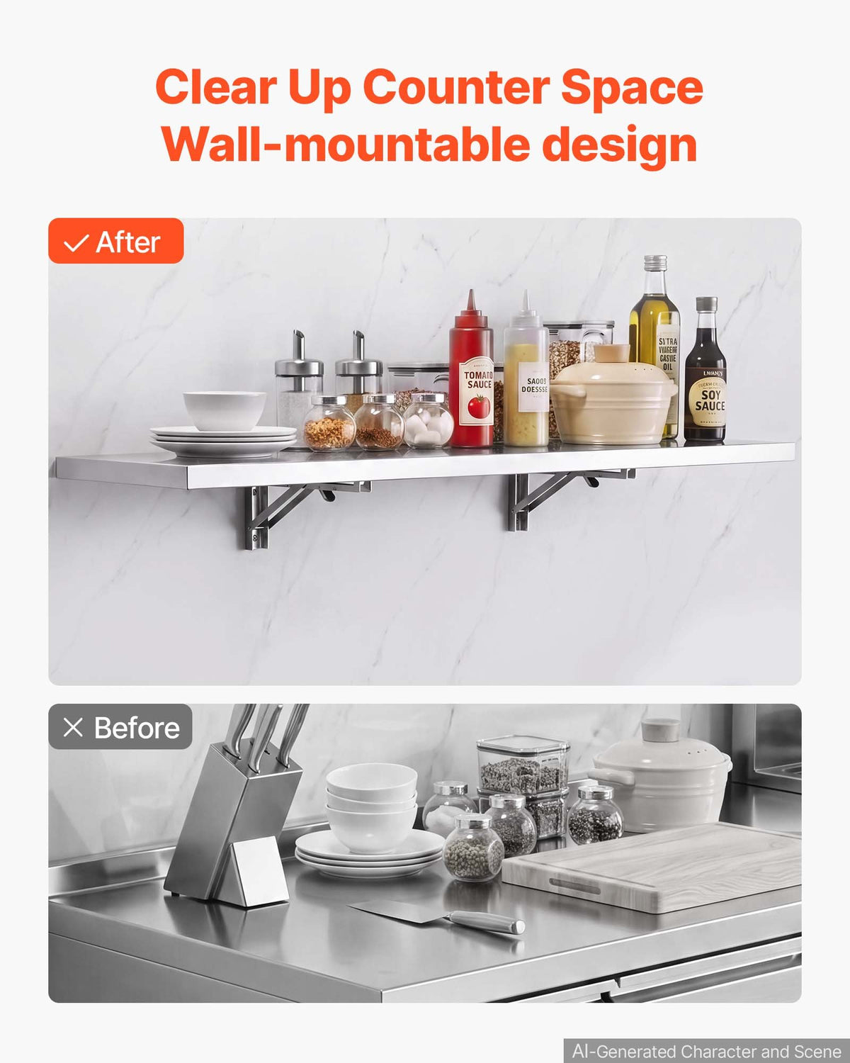 VEVOR Stainless Steel Shelf 12" x 48" Foldable Wall Mount Floating Shelf, Heavy-Duty Commercial Shelves with Brackets, 300LBS Capacity, Easy to Clean, Suitable for Restaurant, Home Kitchen, Garage - BXGTJZDK1JZ1XIGDE001V0 - view 5