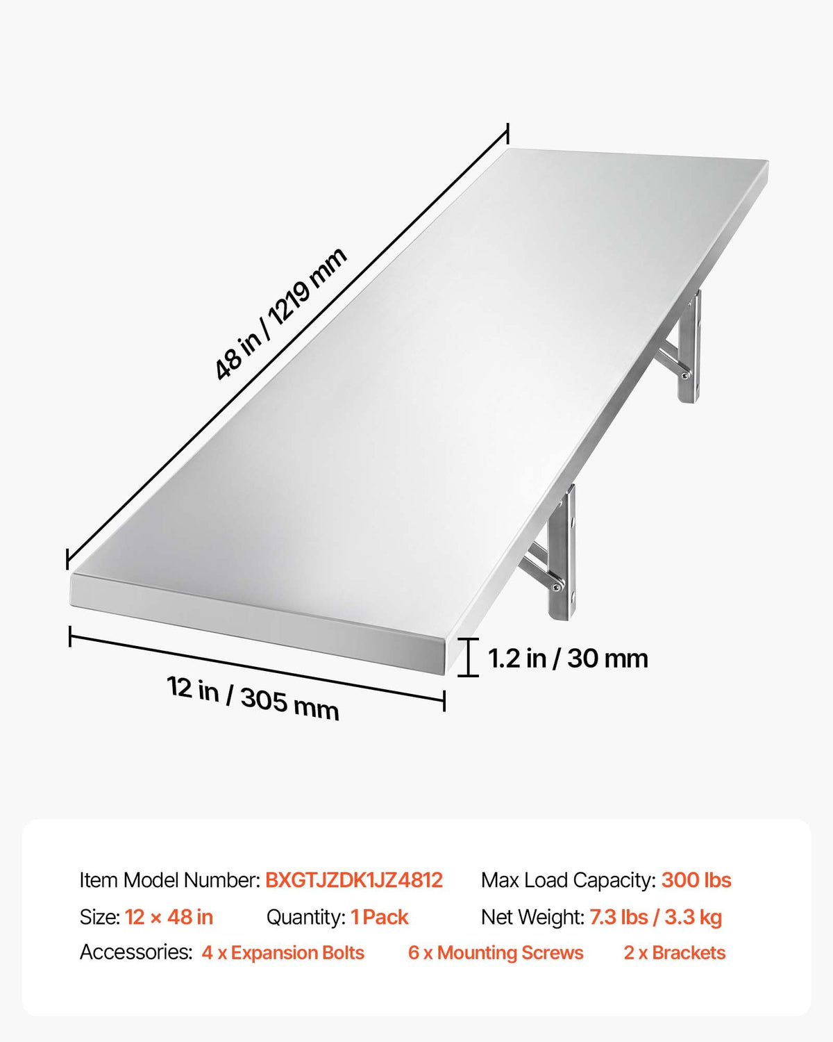 VEVOR Stainless Steel Shelf 12" x 48" Foldable Wall Mount Floating Shelf, Heavy-Duty Commercial Shelves with Brackets, 300LBS Capacity, Easy to Clean, Suitable for Restaurant, Home Kitchen, Garage - BXGTJZDK1JZ1XIGDE001V0 - view 8
