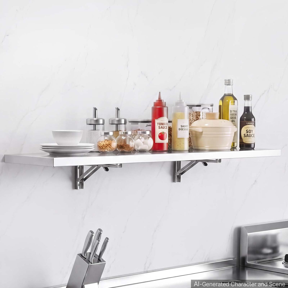 VEVOR Stainless Steel Shelf 12" x 48" Foldable Wall Mount Floating Shelf, Heavy-Duty Commercial Shelves with Brackets, 300LBS Capacity, Easy to Clean, Suitable for Restaurant, Home Kitchen, Garage - BXGTJZDK1JZ1XIGDE001V0 - view 9