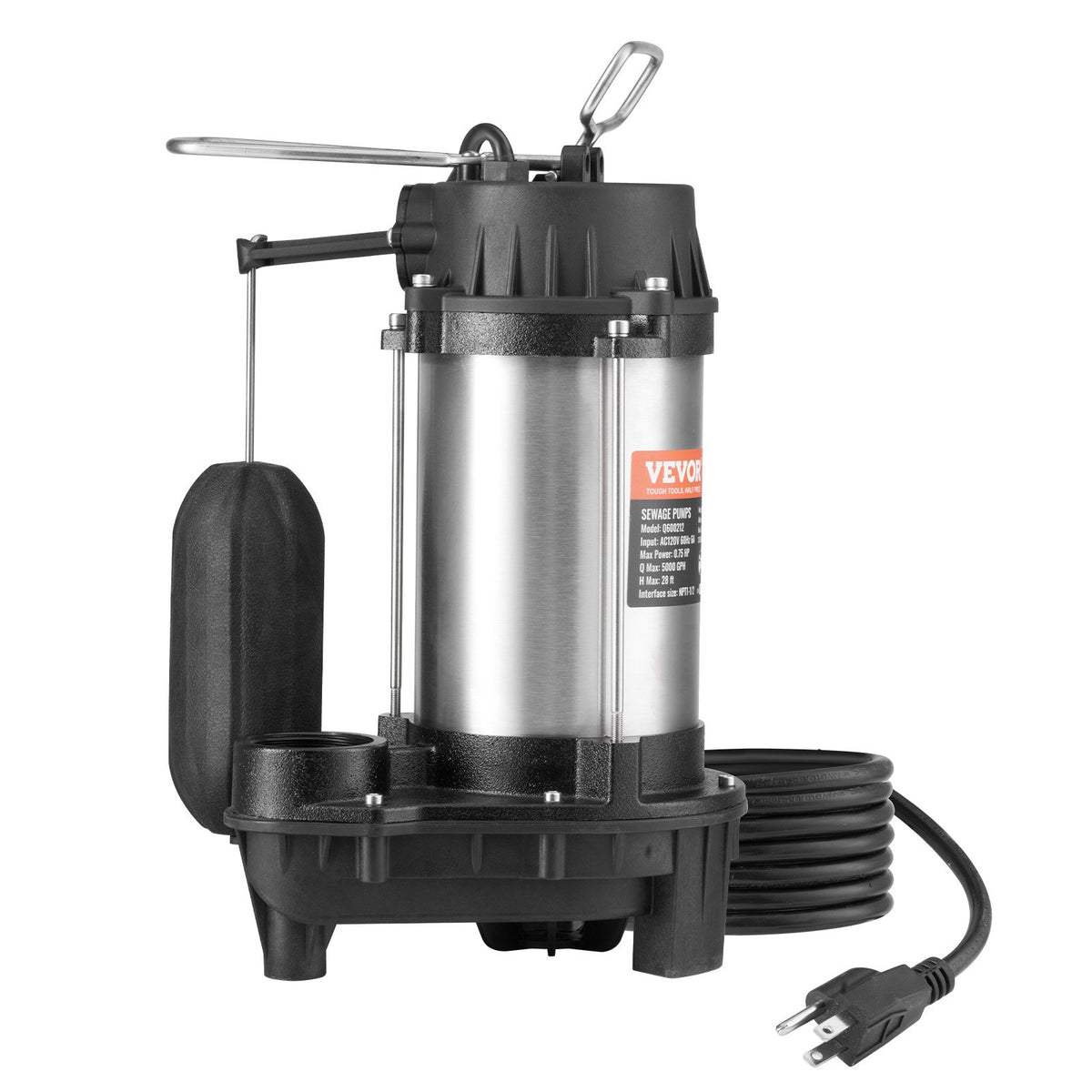 VEVOR Submersible Sewage Pump, 0.75HP 5000 GPH, Cast Iron Sewage Water Pump with 28 ft Lift 10 ft Power Cord and Automatic Float Switch, Stainless Steel for Clean Flooded Basement Yard Farm Sewer - BXGWSBBXG075R6L8GV1 - view 1