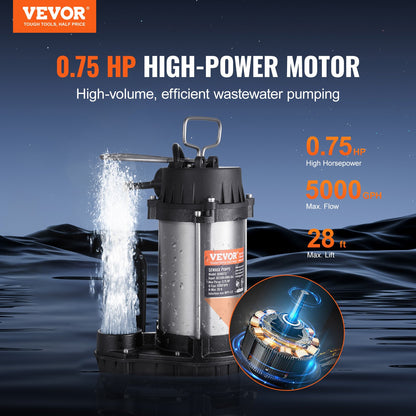 VEVOR Submersible Sewage Pump, 0.75HP 5000 GPH, Cast Iron Sewage Water Pump with 28 ft Lift 10 ft Power Cord and Automatic Float Switch, Stainless Steel for Clean Flooded Basement Yard Farm Sewer - BXGWSBBXG075R6L8GV1 - view 3