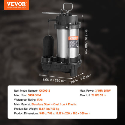 VEVOR Submersible Sewage Pump, 0.75HP 5000 GPH, Cast Iron Sewage Water Pump with 28 ft Lift 10 ft Power Cord and Automatic Float Switch, Stainless Steel for Clean Flooded Basement Yard Farm Sewer - BXGWSBBXG075R6L8GV1 - view 8