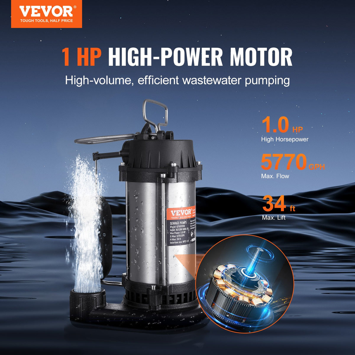 VEVOR Submersible Sewage Pump, 1HP 5770GPH, Cast Iron Sewage Water Pump with 34 ft Lift 10 ft Power Cord and Automatic Float Switch, Stainless Steel for Clean Flooded Basement Yard Farm Sewer - BXGWSBBXG10HFQ0Z8V1 - view 3