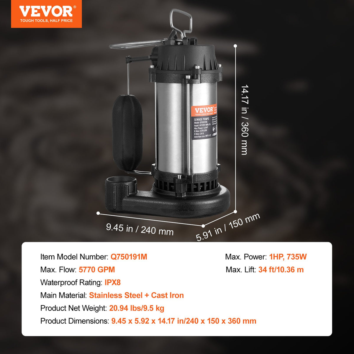VEVOR Submersible Sewage Pump, 1HP 5770GPH, Cast Iron Sewage Water Pump with 34 ft Lift 10 ft Power Cord and Automatic Float Switch, Stainless Steel for Clean Flooded Basement Yard Farm Sewer - BXGWSBBXG10HFQ0Z8V1 - view 8