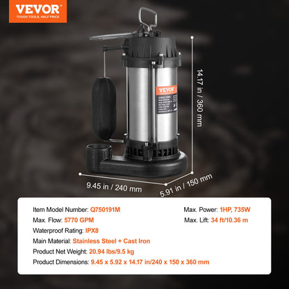 VEVOR Submersible Sewage Pump, 1HP 5770GPH, Cast Iron Sewage Water Pump with 34 ft Lift 10 ft Power Cord and Automatic Float Switch, Stainless Steel for Clean Flooded Basement Yard Farm Sewer - BXGWSBBXG10HFQ0Z8V1 - view 8
