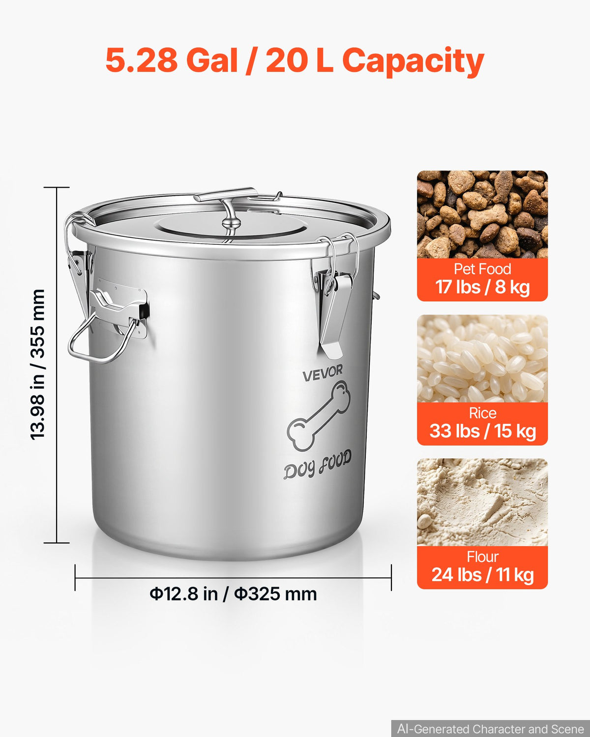 VEVOR Stainless Steel Dog Food Storage Container 17 lbs/5.28 Gal Capacity, for Living Room Kitchen, Airtight Lid & Dual Handles, 20L Large Metal for Dogs & Cats Food Rice Flour, Keep Fresh, Easy Clean - BXGXMXBXG1PCC3V5A001V0 - view 3