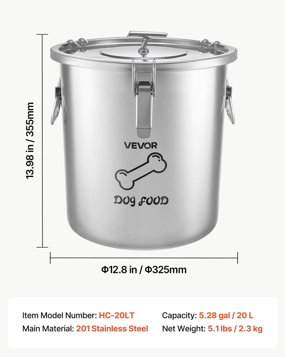 VEVOR Stainless Steel Dog Food Storage Container 17 lbs/5.28 Gal Capacity, for Living Room Kitchen, Airtight Lid & Dual Handles, 20L Large Metal for Dogs & Cats Food Rice Flour, Keep Fresh, Easy Clean - BXGXMXBXG1PCC3V5A001V0 - view 8