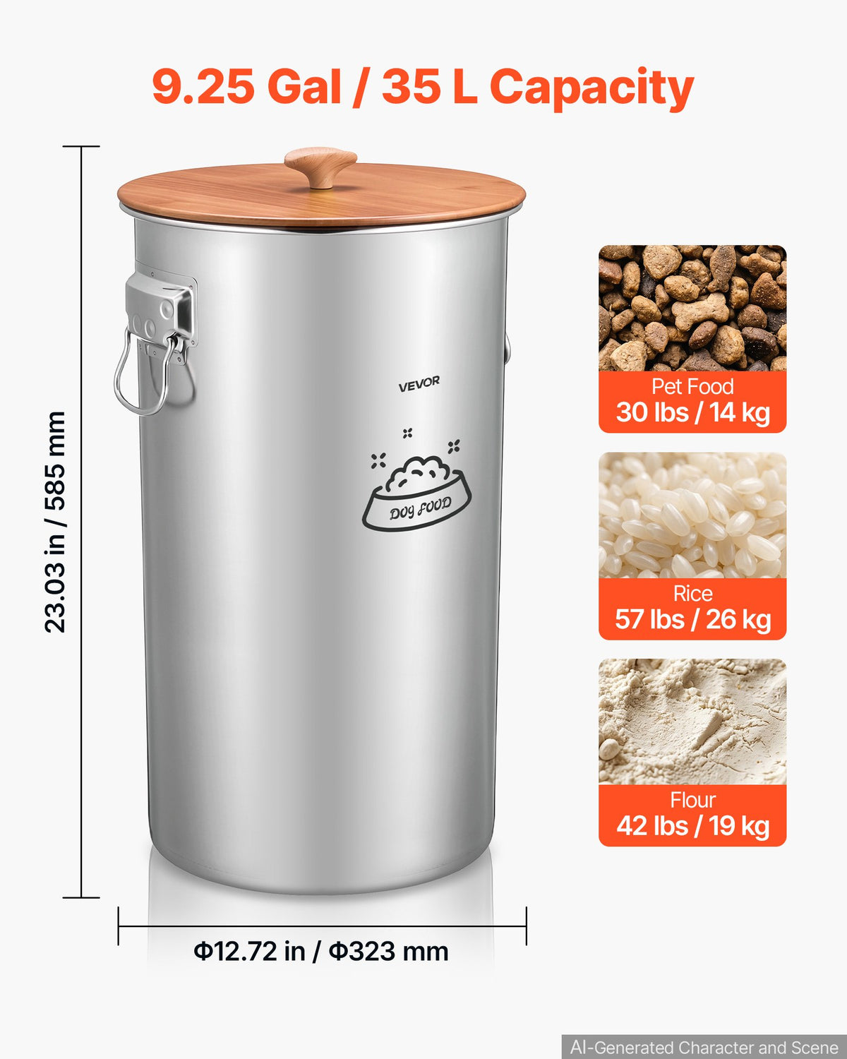 VEVOR Stainless Steel Dog Food Storage Container 30 lbs/9.25 Gal Capacity, for Living Room Kitchen, Airtight Lid & Dual Handles, 35L Large Metal for Dogs & Cats Food Rice Flour, Keep Fresh, Easy Clean - BXGXMXBXG1PCXKRN7001V0 - view 3