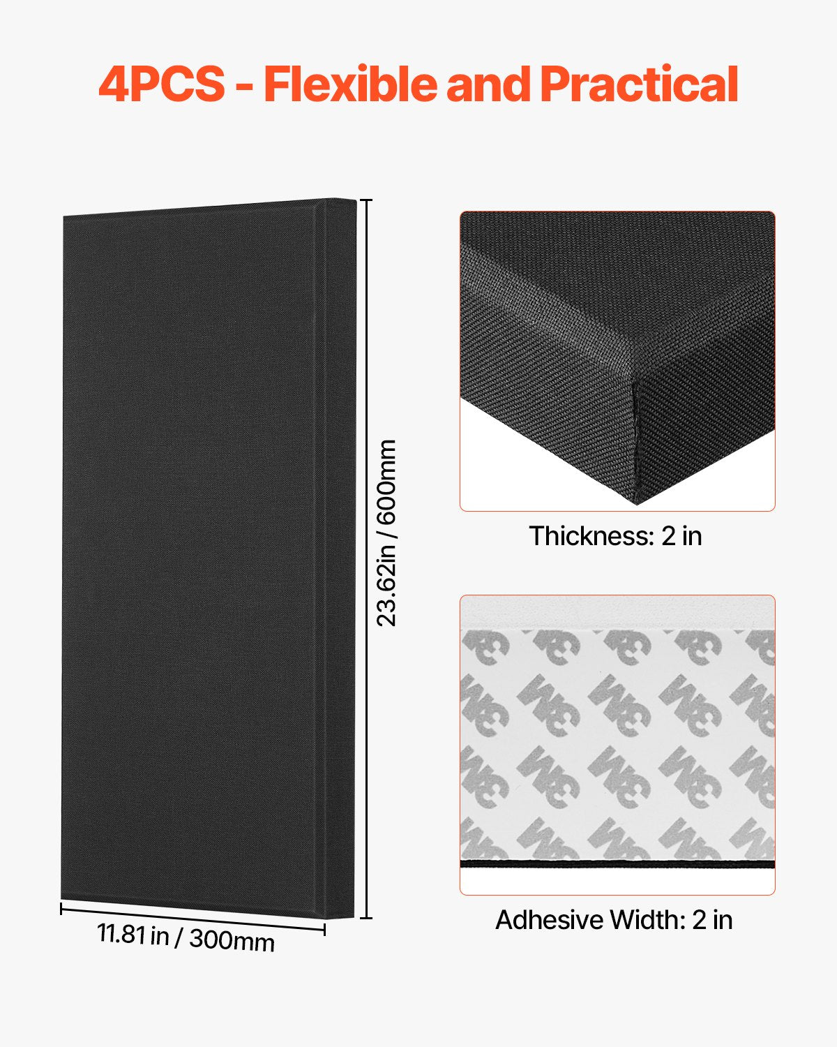 VEVOR 4 PCS Acoustic Panels, 2 inch Thick 23.6 x 11.8 inch Fiberglass Sound Absorbing Panels, Self-adhesive Soundproof Wall Boards, for Studios, Office, Home Theater,Meeting Room, Black - BXGYBHS6030C6ERCO001V0 - view 7