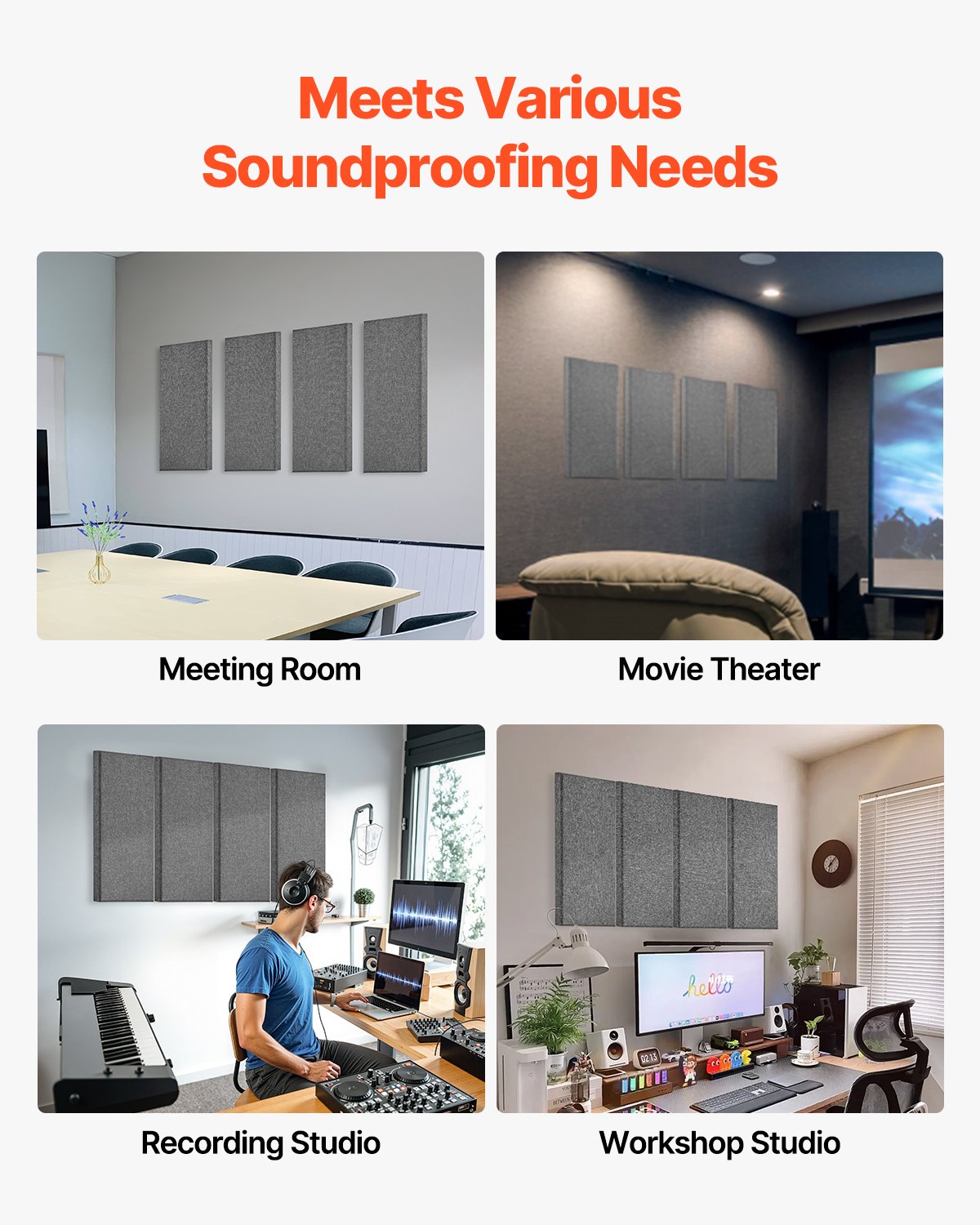 VEVOR 4 PCS Acoustic Panels, 2 inch Thick 23.6 x 11.8 inch Fiberglass Sound Absorbing Panels, Self-adhesive Soundproof Wall Boards, for Studios, Office, Home Theater,Meeting Room, Gray - BXGYBHS6030CODWP4001V0 - view 6