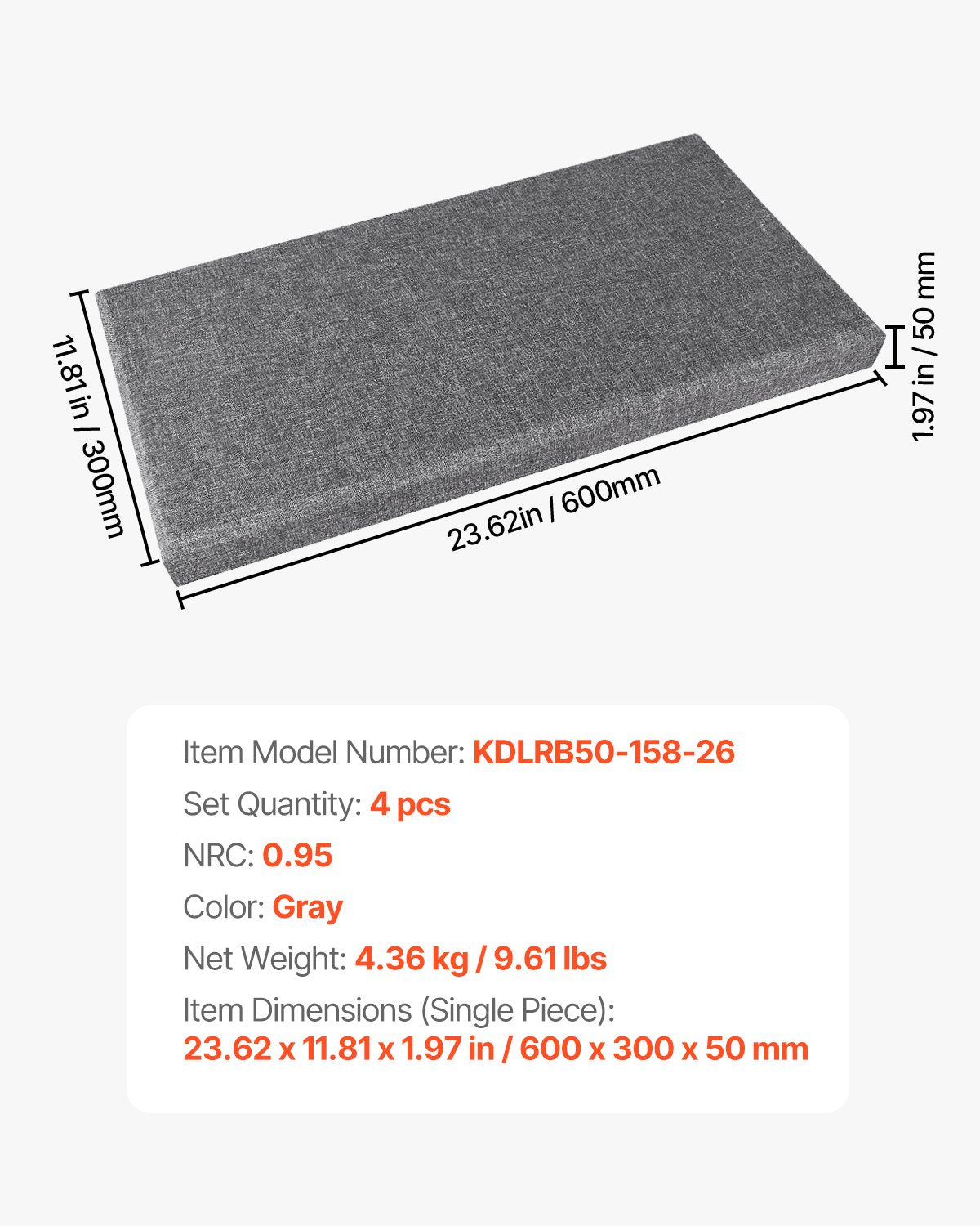 VEVOR 4 PCS Acoustic Panels, 2 inch Thick 23.6 x 11.8 inch Fiberglass Sound Absorbing Panels, Self-adhesive Soundproof Wall Boards, for Studios, Office, Home Theater,Meeting Room, Gray - BXGYBHS6030CODWP4001V0 - view 8