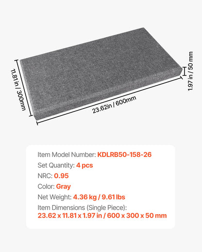 VEVOR 4 PCS Acoustic Panels, 2 inch Thick 23.6 x 11.8 inch Fiberglass Sound Absorbing Panels, Self-adhesive Soundproof Wall Boards, for Studios, Office, Home Theater,Meeting Room, Gray - BXGYBHS6030CODWP4001V0 - view 8