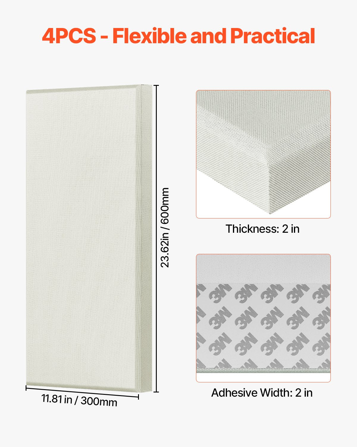 VEVOR 4 PCS Acoustic Panels, 2 inch Thick 23.6 x 11.8 inch Fiberglass Sound Absorbing Panels, Self-adhesive Soundproof Wall Boards, for Studios, Office, Home Theater,Meeting Room, Beige - BXGYBMS6030CD0564001V0 - view 7