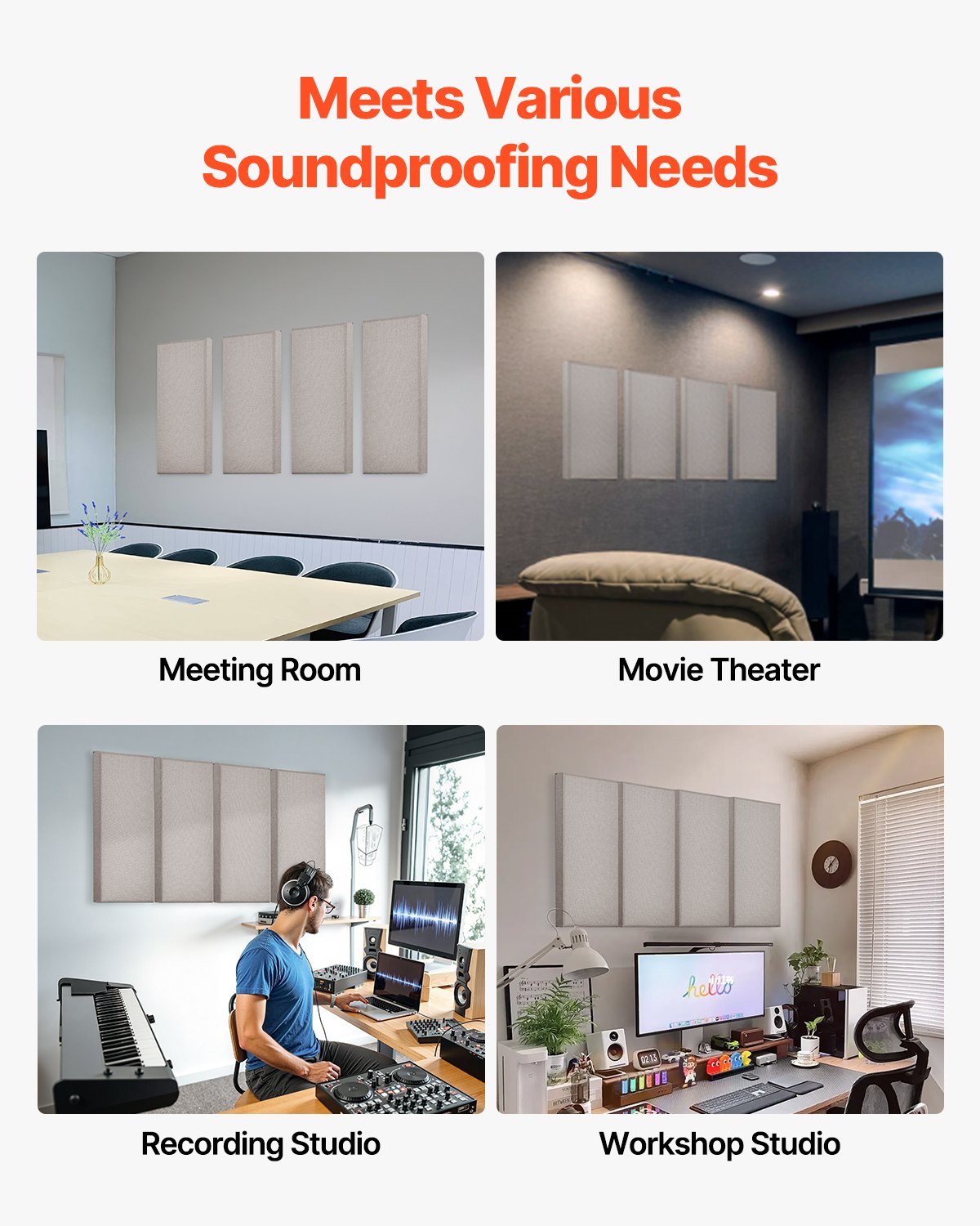 VEVOR 4 PCS Acoustic Panels, 2 inch Thick 23.6 x 11.8 inch Fiberglass Sound Absorbing Panels, Self-adhesive Soundproof Wall Boards, for Studios, Office, Home Theater,Meeting Room, Camel - BXGYBTS6030CYTD57001V0 - view 6