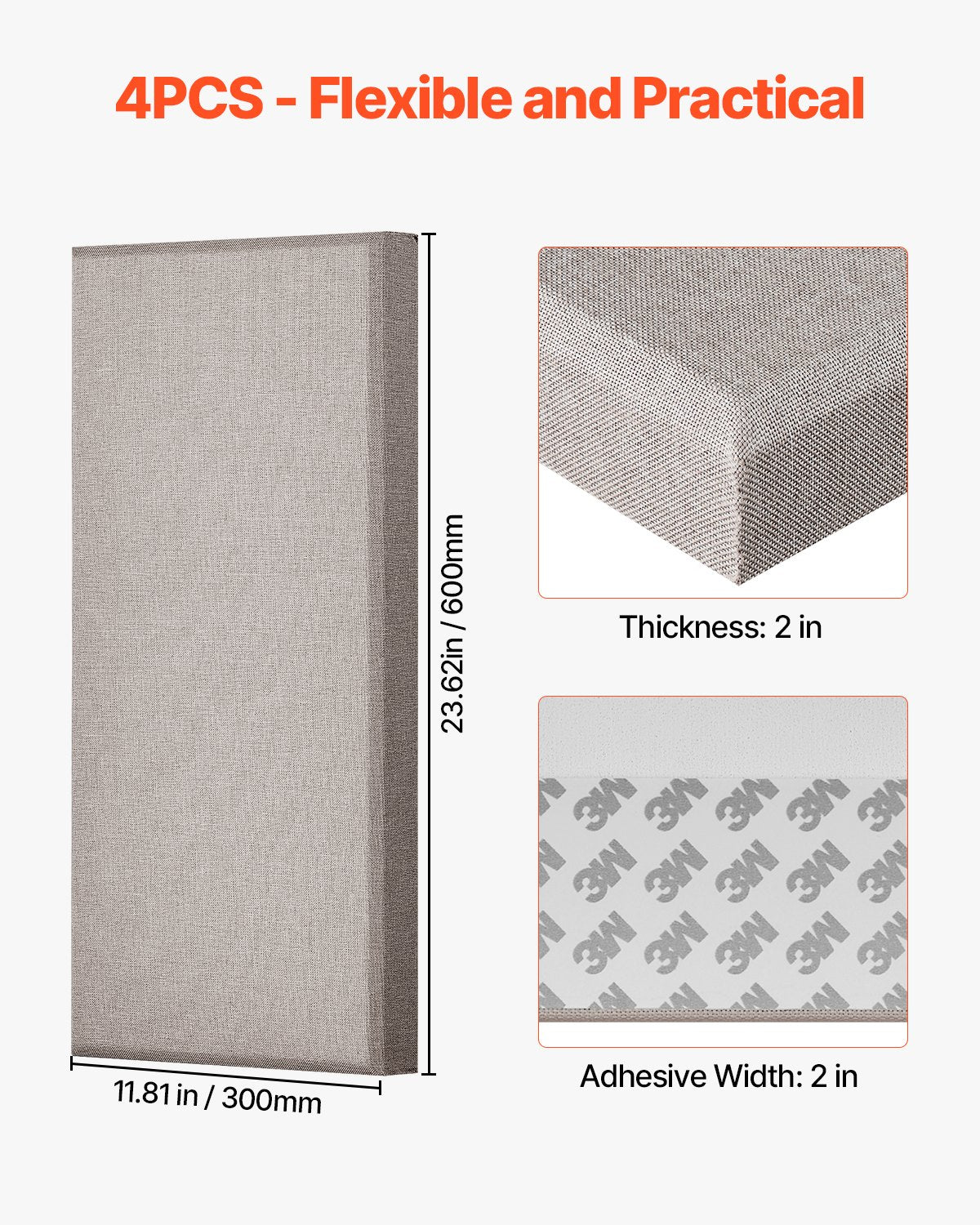 VEVOR 4 PCS Acoustic Panels, 2 inch Thick 23.6 x 11.8 inch Fiberglass Sound Absorbing Panels, Self-adhesive Soundproof Wall Boards, for Studios, Office, Home Theater,Meeting Room, Camel - BXGYBTS6030CYTD57001V0 - view 7