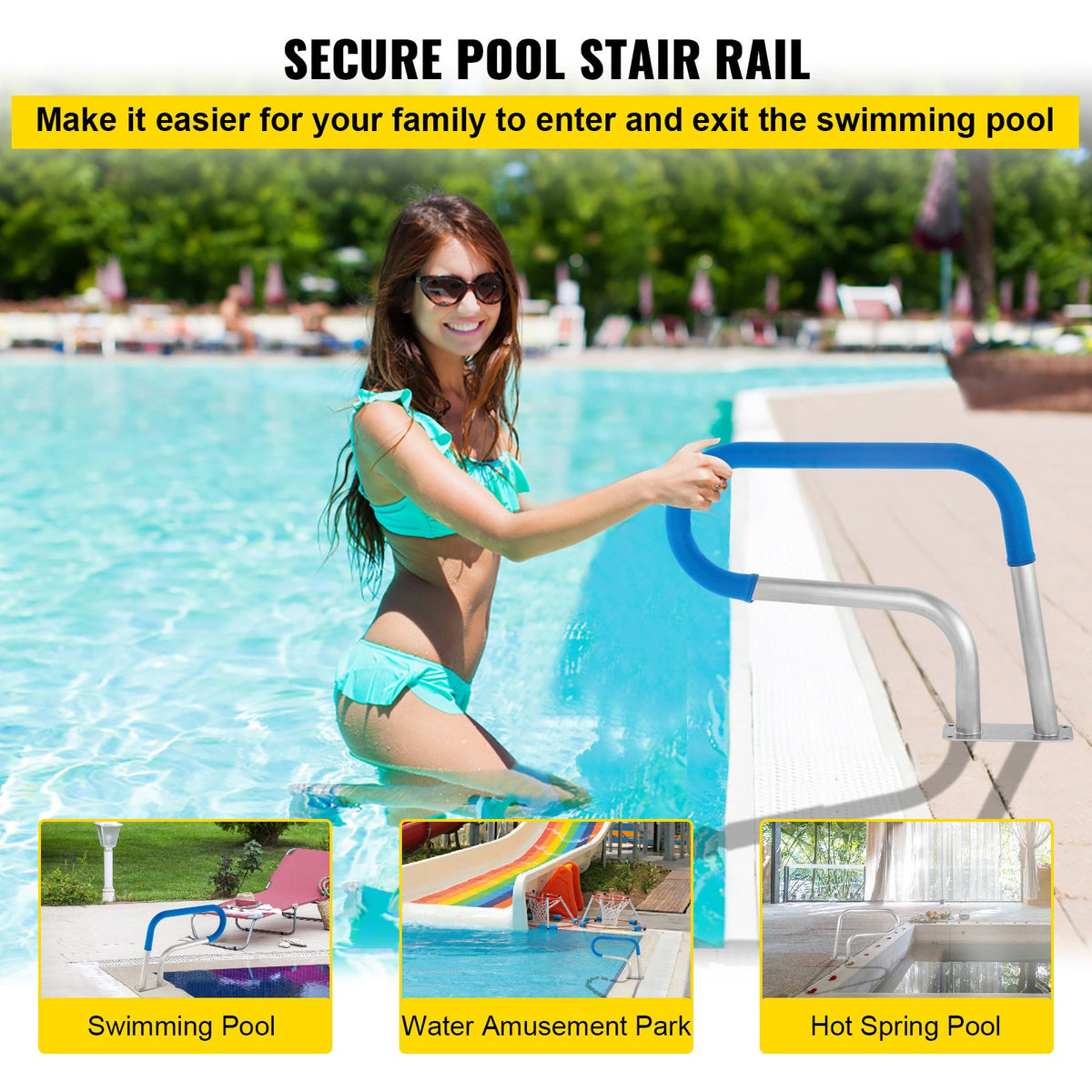 VEVOR Pool Rail 30x22 Pool Railing 304 Stainless Steel 250LBS Load Capacity Silver Rustproof Pool Handrail Humanized Swimming Pool Handrail with Blue Grip Cover & M8 Drill Bit & Self-Taping Screws - BXGYCFS3W30X22YC1V0 - view 3