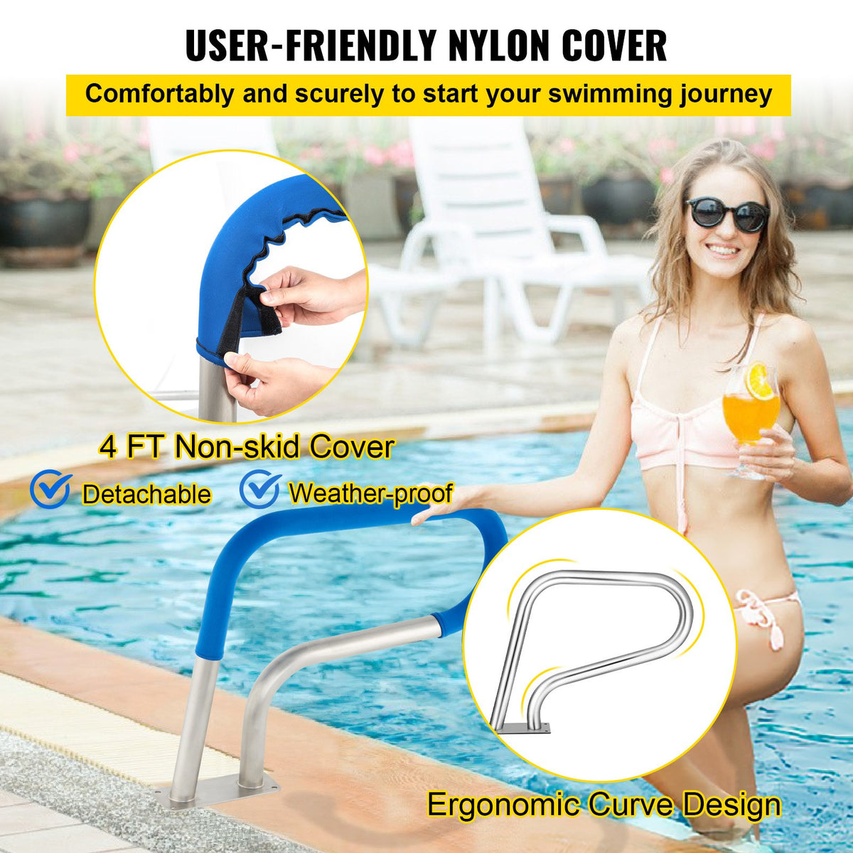 VEVOR Pool Rail 30x22 Pool Railing 304 Stainless Steel 250LBS Load Capacity Silver Rustproof Pool Handrail Humanized Swimming Pool Handrail with Blue Grip Cover & M8 Drill Bit & Self-Taping Screws - BXGYCFS3W30X22YC1V0 - view 4