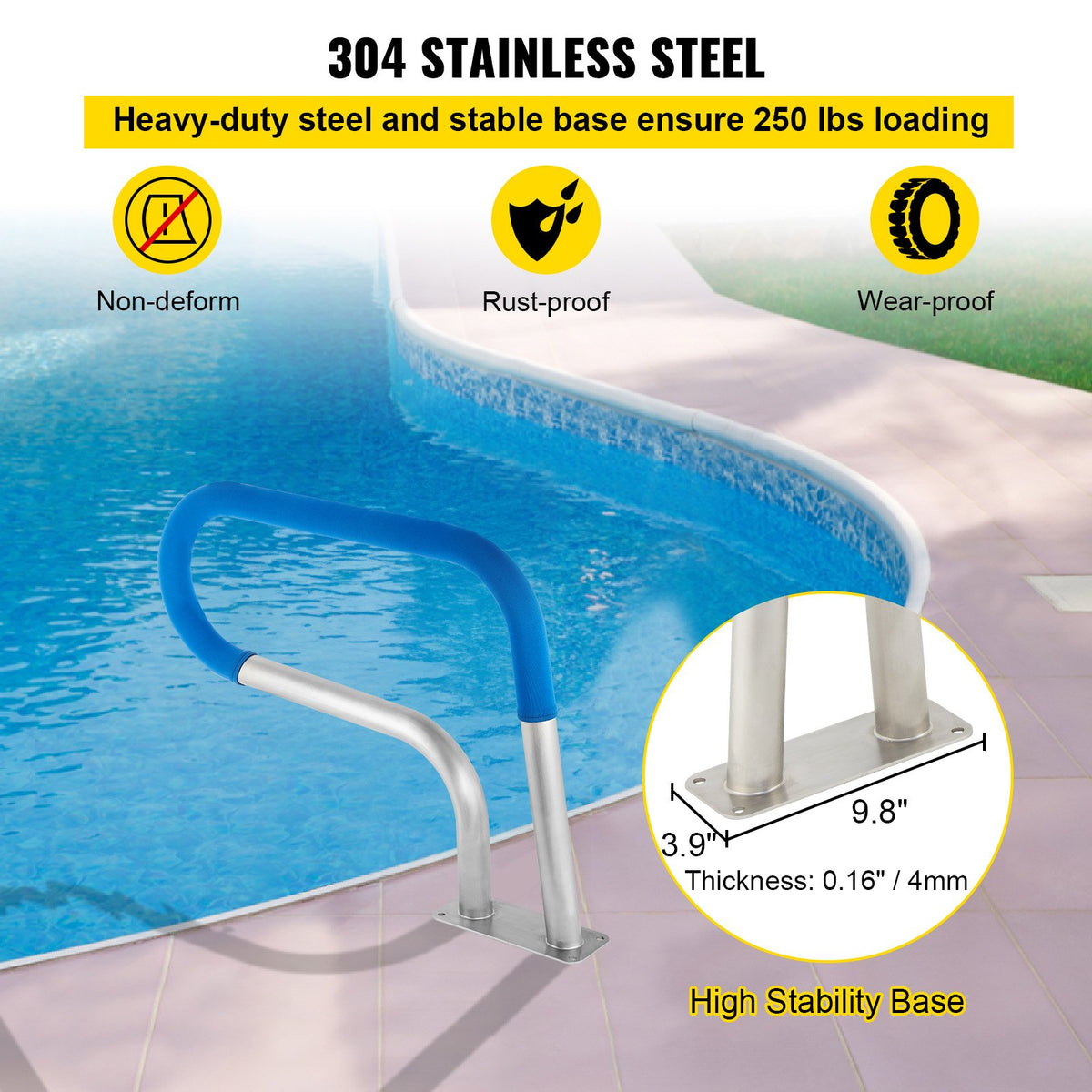VEVOR Pool Rail 30x22 Pool Railing 304 Stainless Steel 250LBS Load Capacity Silver Rustproof Pool Handrail Humanized Swimming Pool Handrail with Blue Grip Cover & M8 Drill Bit & Self-Taping Screws - BXGYCFS3W30X22YC1V0 - view 5