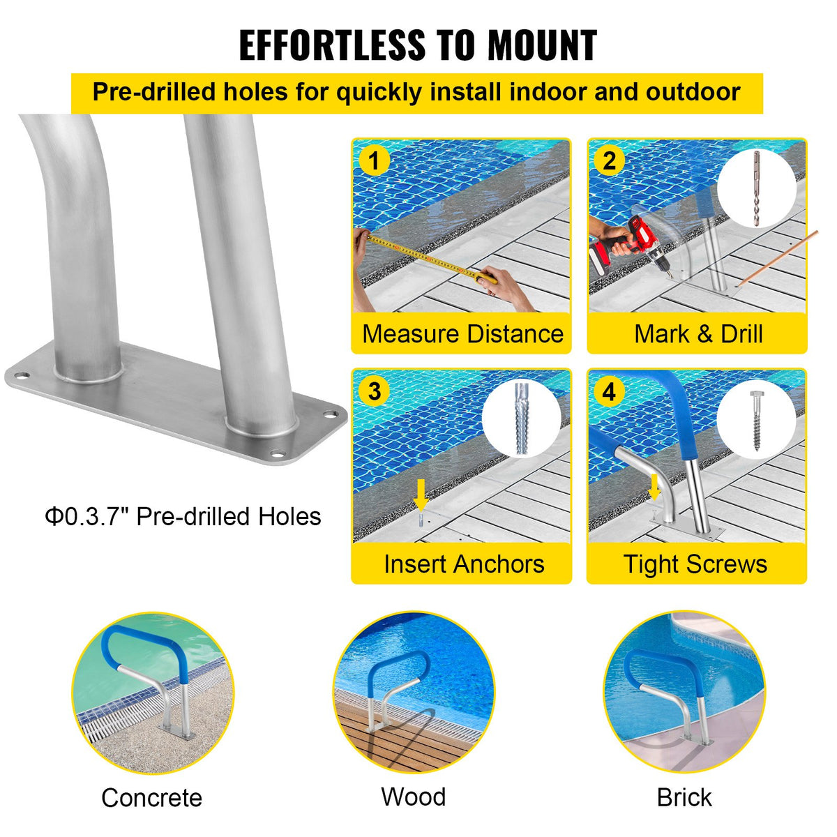 VEVOR Pool Rail 30x22 Pool Railing 304 Stainless Steel 250LBS Load Capacity Silver Rustproof Pool Handrail Humanized Swimming Pool Handrail with Blue Grip Cover & M8 Drill Bit & Self-Taping Screws - BXGYCFS3W30X22YC1V0 - view 6