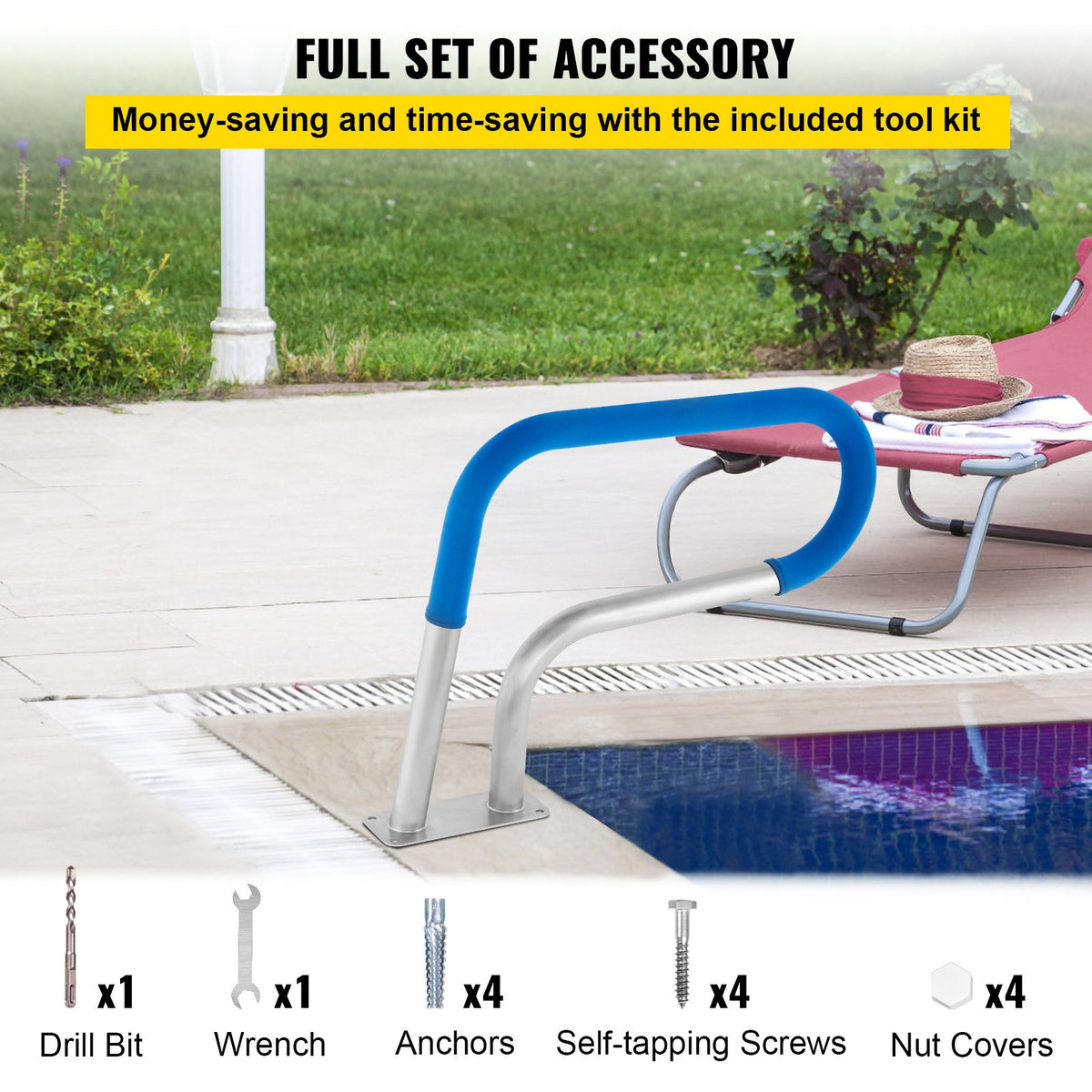 VEVOR Pool Rail 30x22 Pool Railing 304 Stainless Steel 250LBS Load Capacity Silver Rustproof Pool Handrail Humanized Swimming Pool Handrail with Blue Grip Cover & M8 Drill Bit & Self-Taping Screws - BXGYCFS3W30X22YC1V0 - view 7