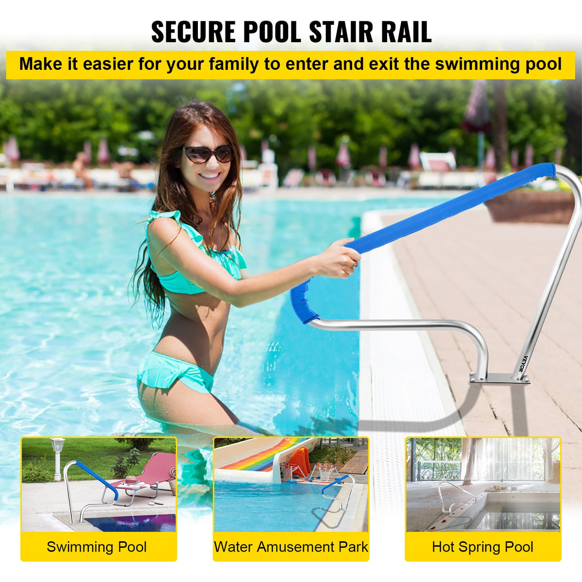 VEVOR Pool Rail 48x36 Pool Railing 304 Stainless Steel 250LBS Load Capacity Silver Rustproof Pool Handrail Humanized Swimming Pool Handrail with Blue Grip Cover & M8 Drill Bit & Self-Taping Screws - BXGYCFS3W48X36YC1V0 - view 3