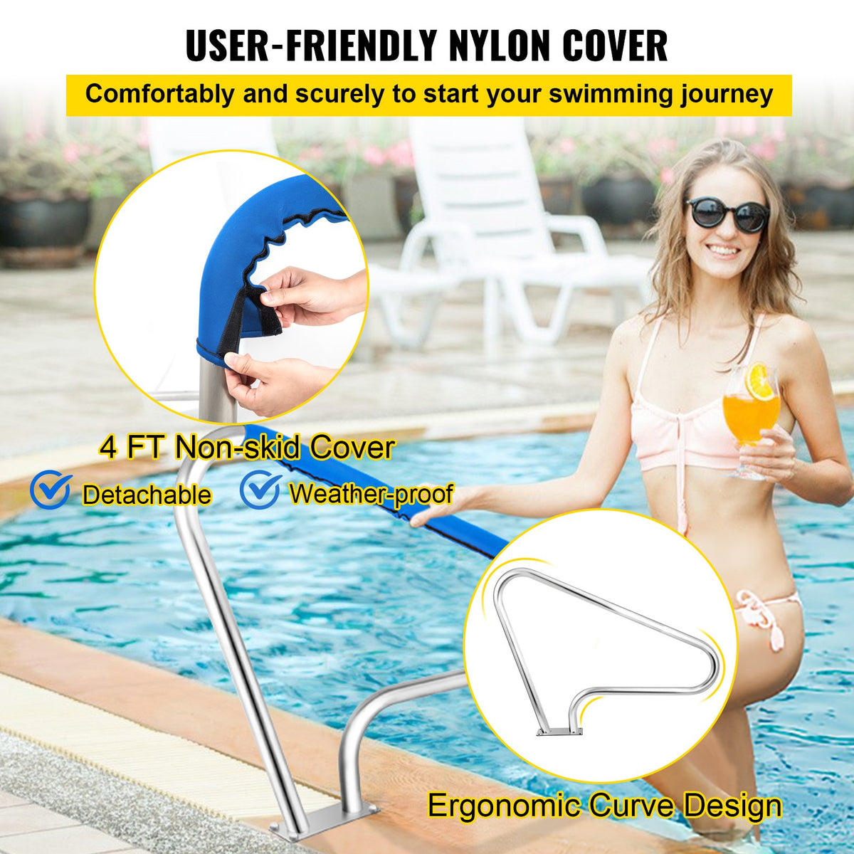 VEVOR Pool Rail 48x36 Pool Railing 304 Stainless Steel 250LBS Load Capacity Silver Rustproof Pool Handrail Humanized Swimming Pool Handrail with Blue Grip Cover & M8 Drill Bit & Self-Taping Screws - BXGYCFS3W48X36YC1V0 - view 4