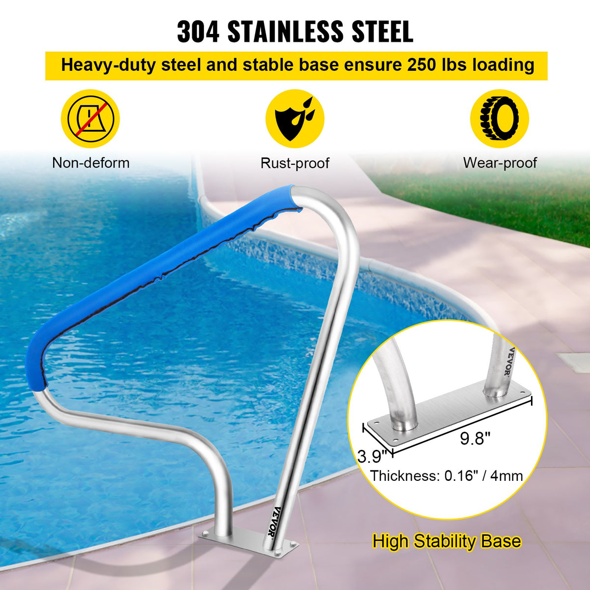 VEVOR Pool Rail 48x36 Pool Railing 304 Stainless Steel 250LBS Load Capacity Silver Rustproof Pool Handrail Humanized Swimming Pool Handrail with Blue Grip Cover & M8 Drill Bit & Self-Taping Screws - BXGYCFS3W48X36YC1V0 - view 5