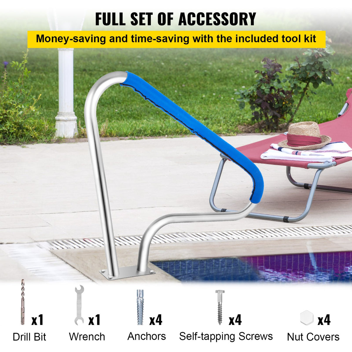 VEVOR Pool Rail 48x36 Pool Railing 304 Stainless Steel 250LBS Load Capacity Silver Rustproof Pool Handrail Humanized Swimming Pool Handrail with Blue Grip Cover & M8 Drill Bit & Self-Taping Screws - BXGYCFS3W48X36YC1V0 - view 7