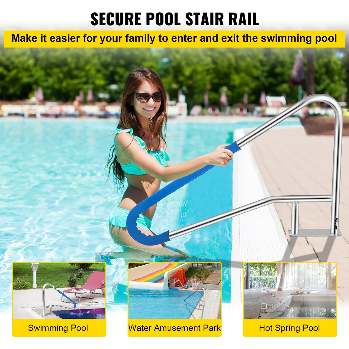 VEVOR Pool Rail 55x32 Pool Railing 304 Stainless Steel 250LBS Load Capacity Silver Rustproof Pool Handrail Humanized Swimming Pool Handrail with Blue Grip Cover & M8 Drill Bit & Self-Taping Screws - BXGYCFS4W55X32YC1V0 - view 3